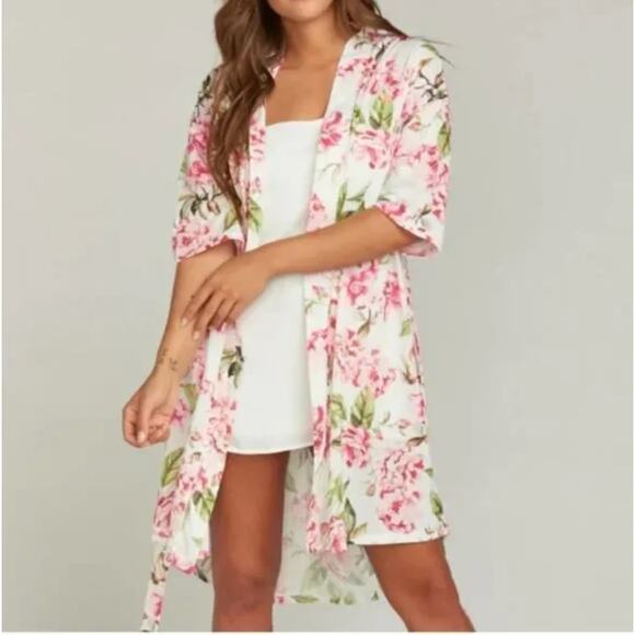 Show Me Your Mumu Short Sleeve Floral Open Front Cardigan Longline Coverup Pink - Picture 1 of 11